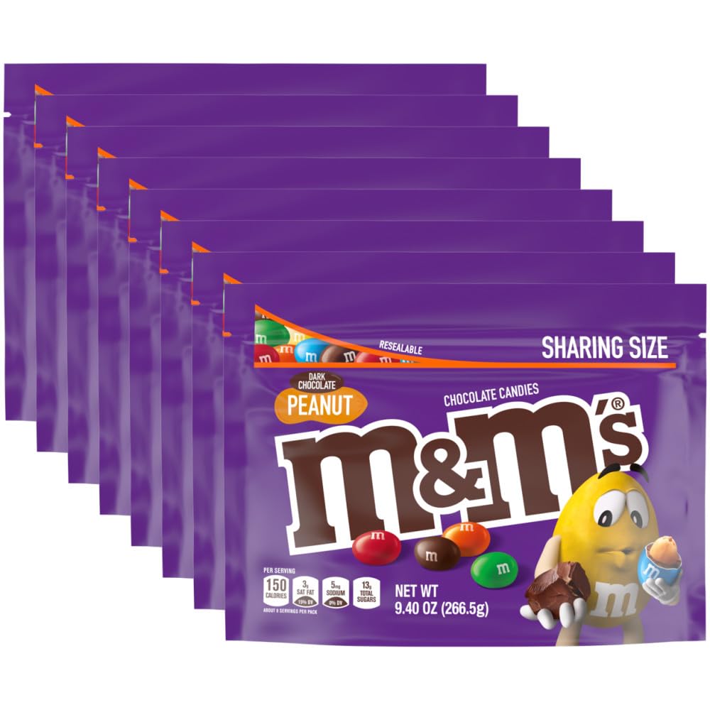 M&M'S Peanut Dark Chocolate Candy Bulk, 9.4 oz Resealable Bag (Pack of 8) Γ’β¬β Dark Chocolate Candy Assortment for Parties, Movie Snacks, and Office Treats