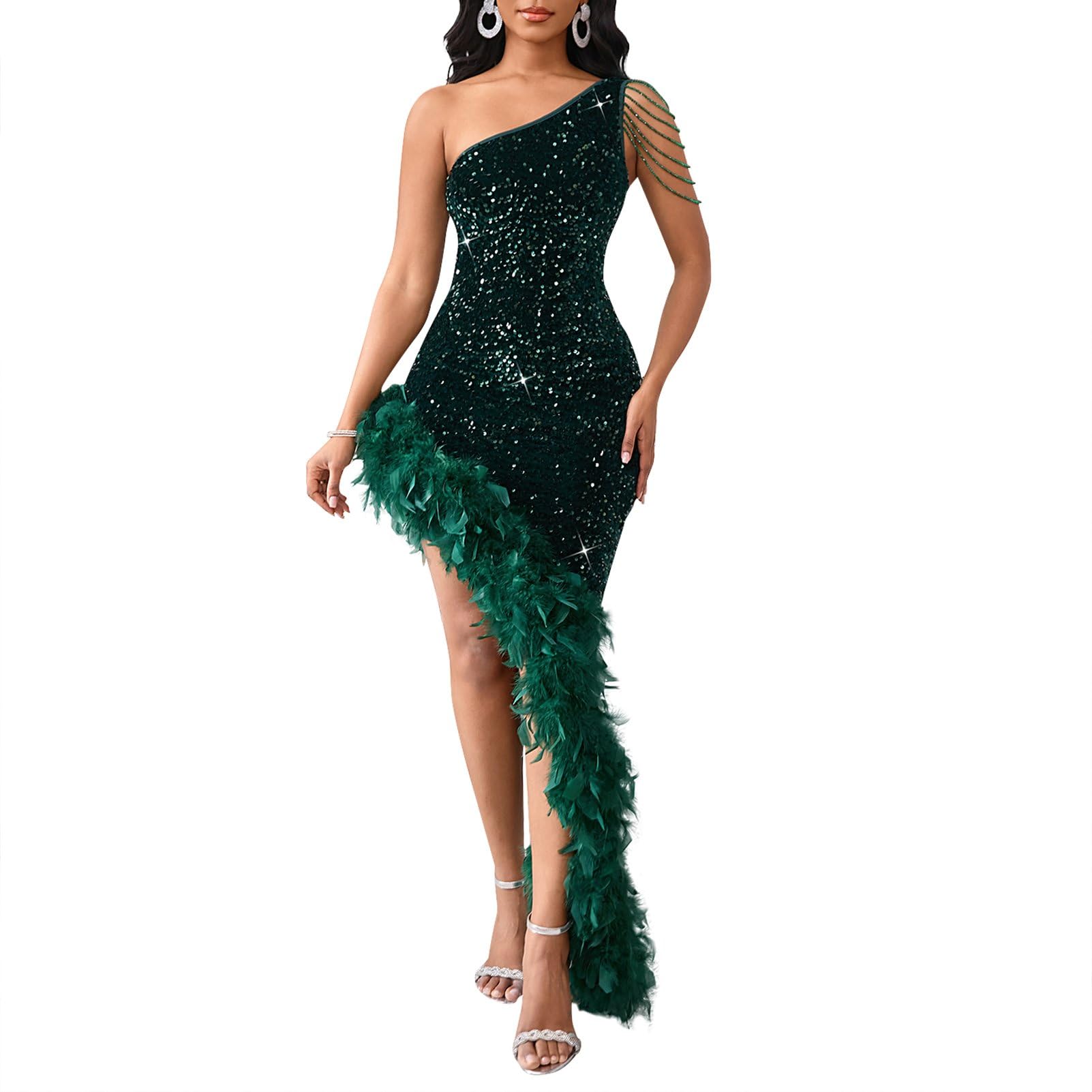 Cololura Women Sequin Elegant Sexy Tassels One Shoulder Mermaid Bodycon Cocktail Evening Midi Party Formal Dress