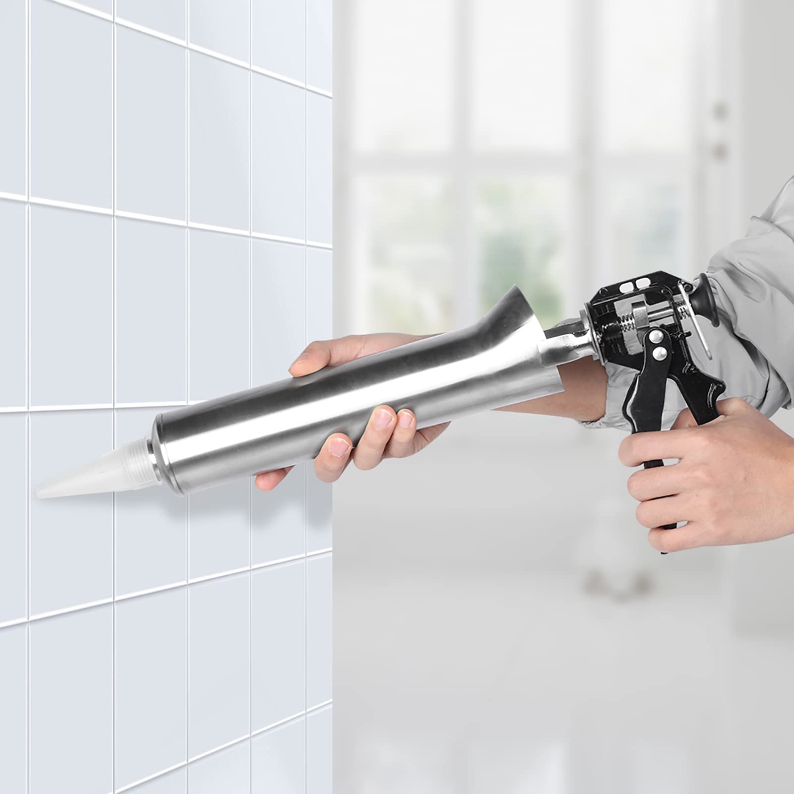 FLEXMAN Kompaktowy pistolet do uszczelniania, pistolet do uszczelniania płytek ceramicznych o zagęszczonej stali nierdzewnej z 2 dyszami, pistolet do fugowania bez kropli zaprawy