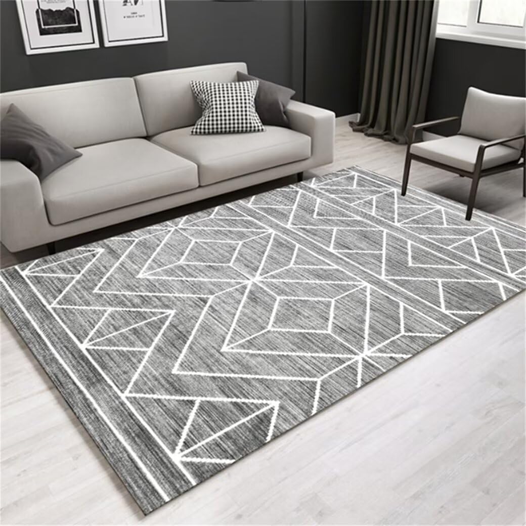 Tapis gris 160X200cm au design simple à lignes blanches pour salon
