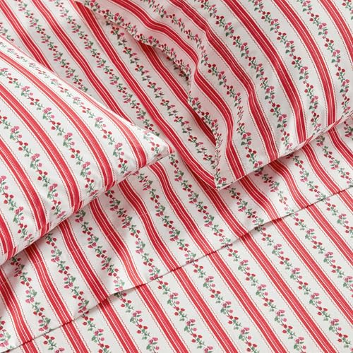 Image of Martha Stewart - Full Size Sheets Set, Crisp & Tailored Cooling Sheets w /a Naturally Smooth Cotton Percale Lightweight Feel - Bed Sheets with Matching Pillowcases & Fitted Sheet (Rose Ribbon Red)