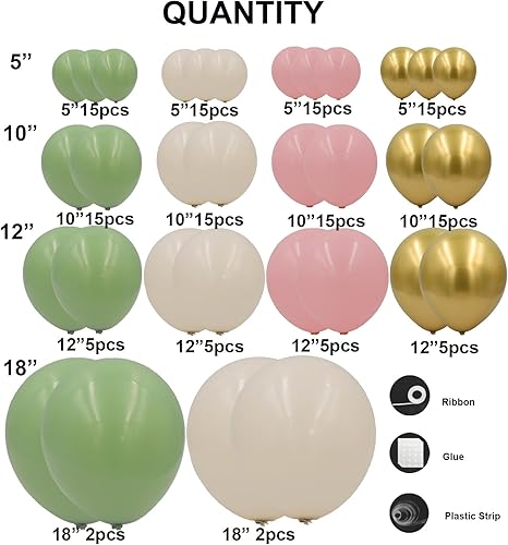 Miniatura 4 de Kit de arco de globos rosa y verde salvia, 144 piezas de guirnalda de globos de color rosa pastel, blanco, arena, cromado, dorado, para niñas,