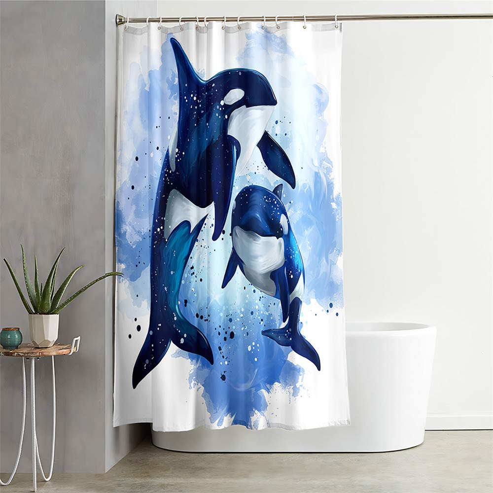 Tenda da doccia con 12 ganci Ocean Doodle Stampato Impermeabile Lavabile Tenda da bagno Decorazioni per il bagno Tessuto 100% poliestere(Killer Whale,120x180cm)