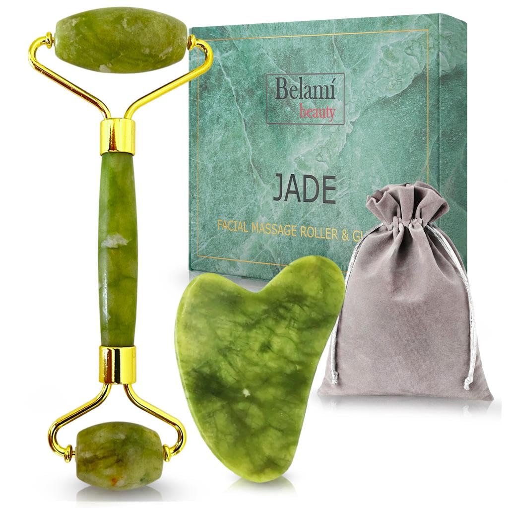 BELAMIBEAUTY - Rodillo Facial y Gua Sha de Masaje de Jade 100% Certificado - Piedra Natural - Reafirmante y Relajante de la Piel - Masajeador de Ojos, Cara y Cuerpo