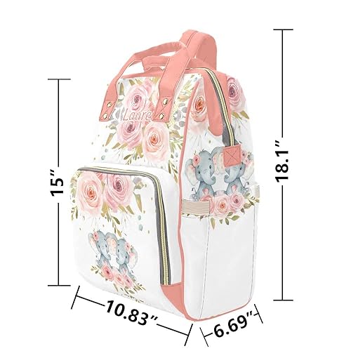 Miniatura 6 de Bolsas de pañales florales de elefante de acuarela rosa con nombre personalizado para bebé, bolsa de pañales de enfermería, bolsa de viaje para