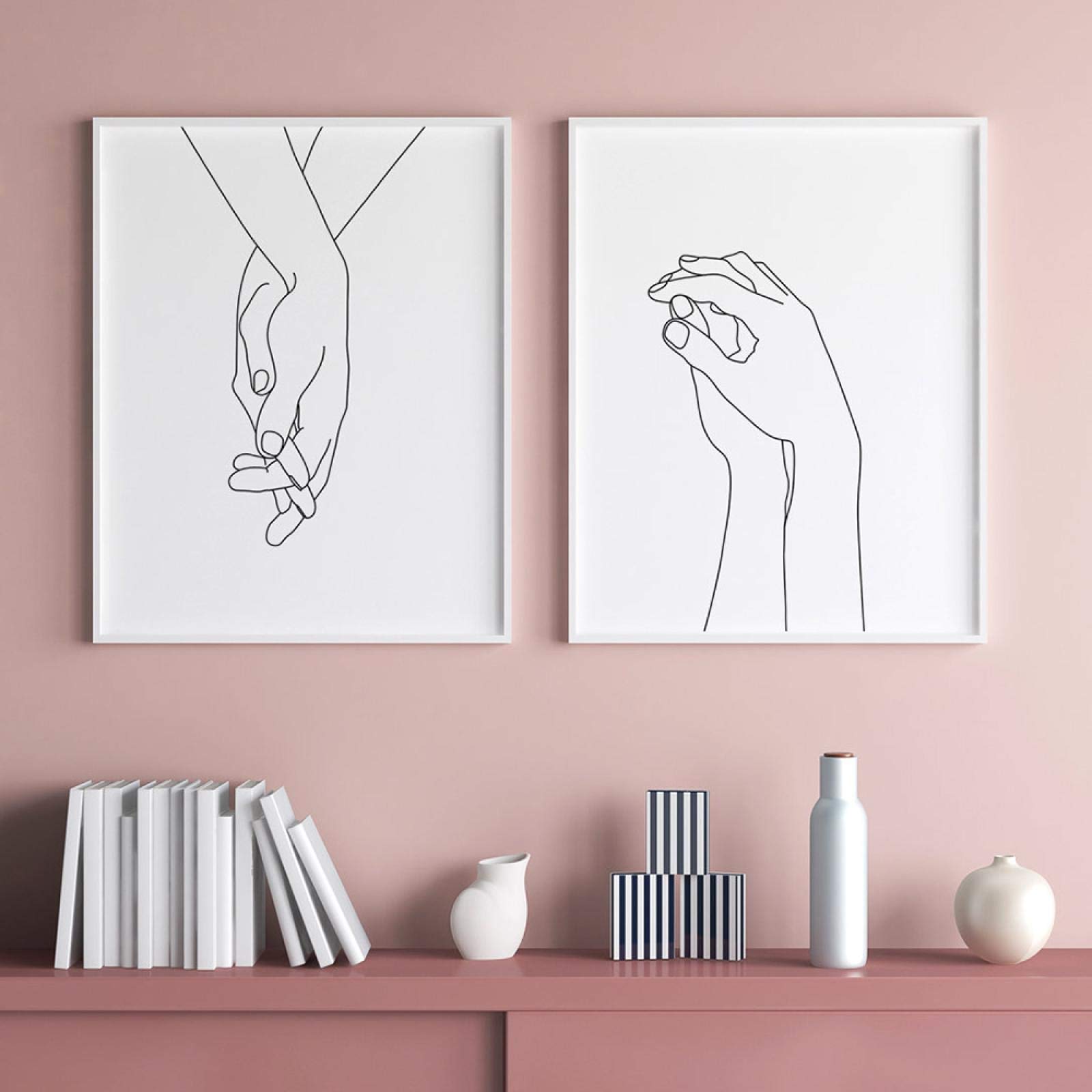 Cuadro en lienzo Cartel nórdico Tomados de la mano Dibujo de línea negra Impresión artística Decoración de pared de guardería A4 Manos de pareja Arte de pared 40x60cmx2 Con marco