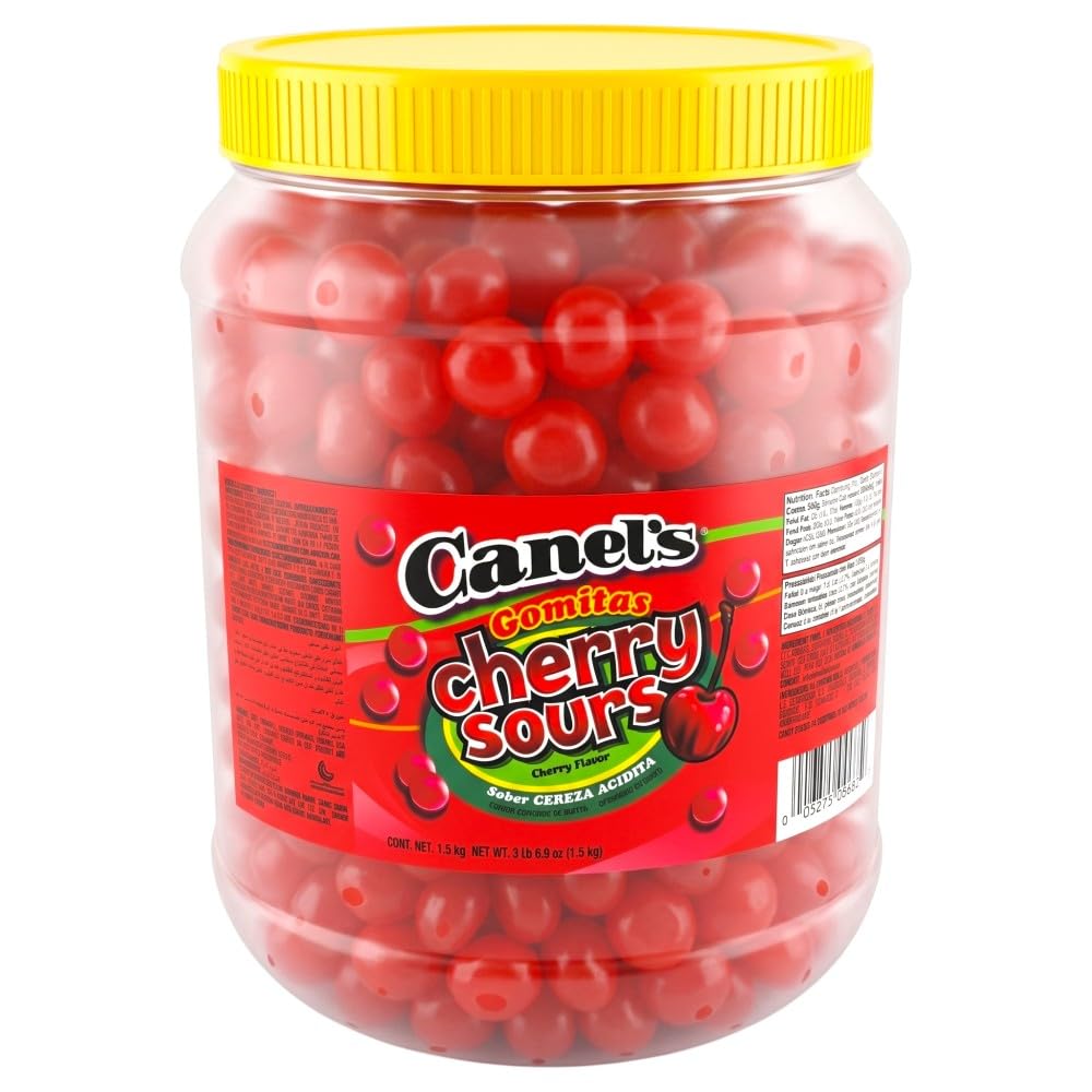 Caramelos Masticables Canel's – Tarro 1,5 kg, Sabores Cereza Ácida, Arándano Ácido y Melón Ácido, Sin Gluten, Doble Textura, Ideal para Fiestas y Celebraciones (Cereza ácida)