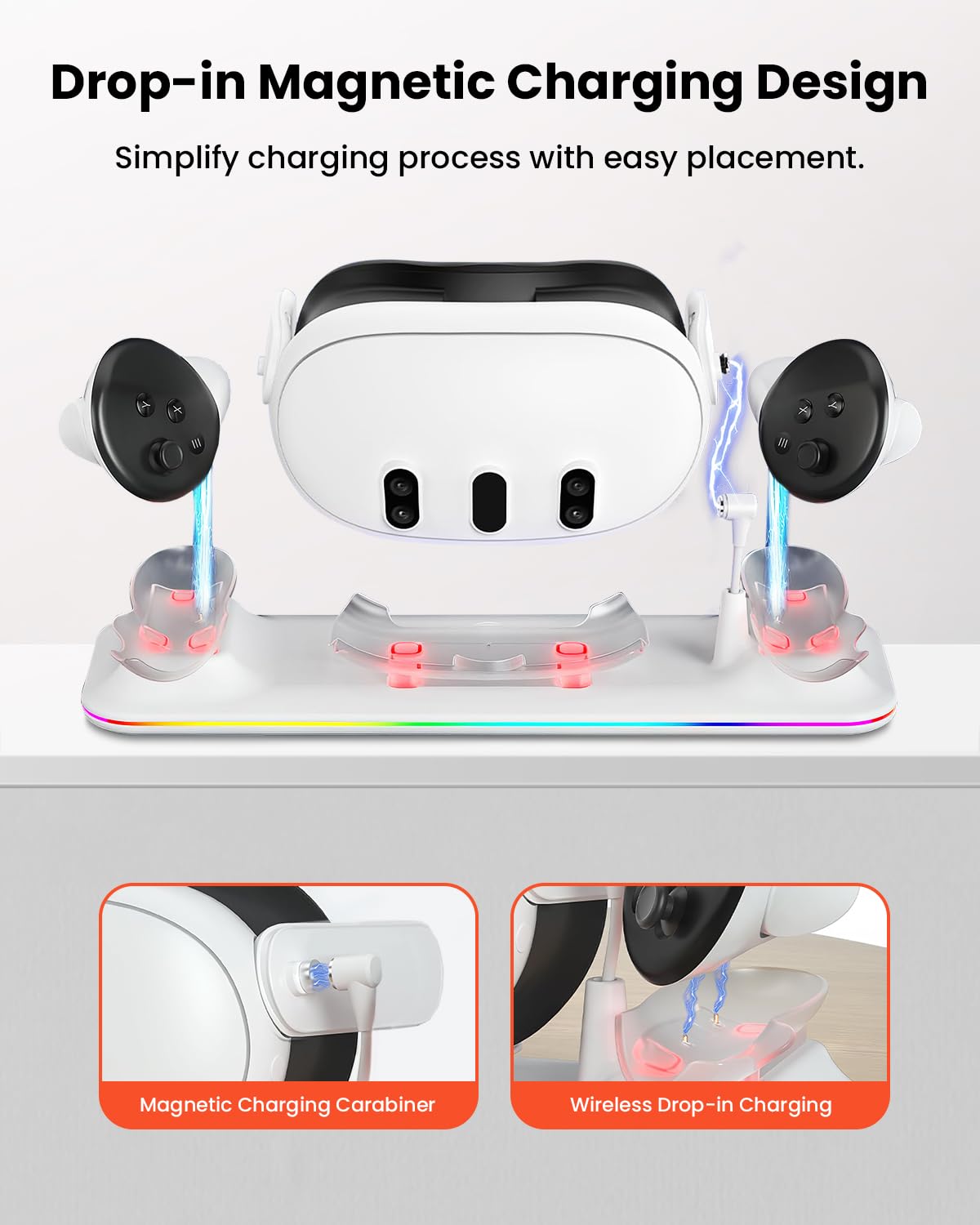 GEEKERA Base de Carga Compatible con Meta Quest 3: Estación de Carga Magnética para Casco y Mandos, con Adaptador de 18 W, 2 Baterías Recargables y Luces RGB, Accesorios VR para Jugadores