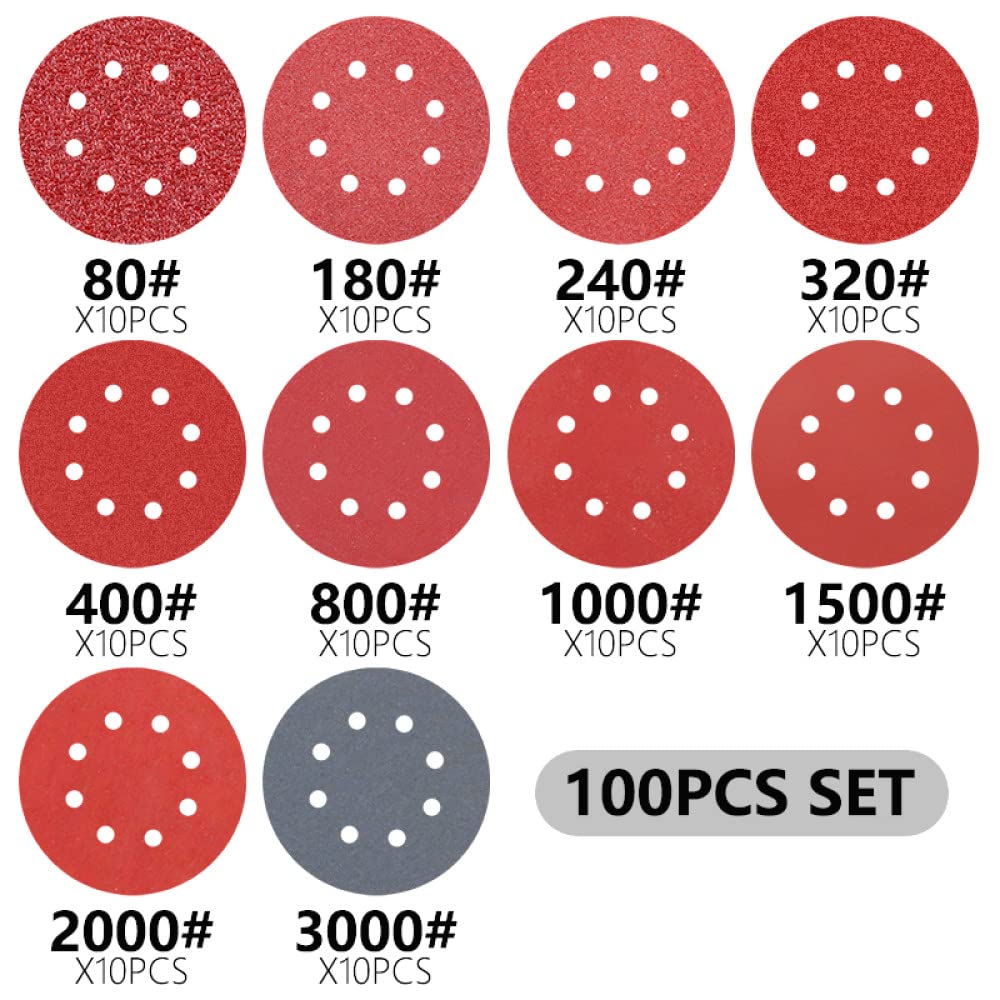 Discos De Lijado Hoja De Pulido De Forma Redonda De 5 Pulgadas (125 Mm) Grano 80-3000 Almohadilla De Pulido De Lijadora De 8 Agujeros Papel De Lija Abrasivo,Juego De 100 Piezas,h