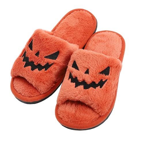 TITTOK Spooky Slides Halloween Slippers Jack O Lantern Pumpkin Soft Plush Cozy Open Toe Indoor Outdoor Fuzzy Slippers Gifts For Girls Women Girlfriend Men - 7-8 Women/6-7 Men - Orange