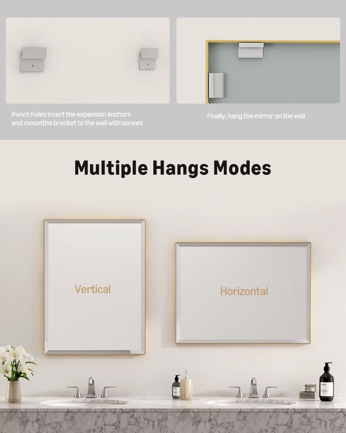 MZON 24x36 Bathroom Vanity Mirror for Wall with Beveled Edge, Ultra-Thin Metal Frame HD Mirror, Rectangular Wall Mounted Mirror for Bathroom Sink, Vertical or Horizontal, Gold