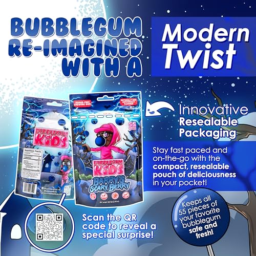Image of Bubblegum Kids Barry's Scary Berry Sugar Free Gum | Blueberry Flavor Sugarless Gum with Xylitol | Vegan, Low Calorie Candy Alternative for Kids & Adults | Resealable Bag, 55 Pieces Per Pack, 6 Pack