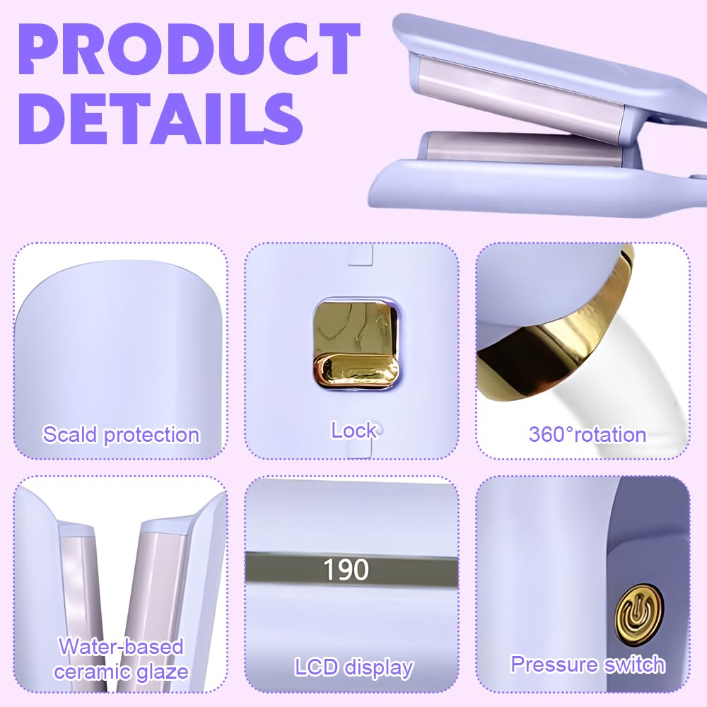 Welleneisen Für Haare, 32mm Lockenstab Große Locken, French Wave Lockenstab, 5 Einstellbare Temperaturen, V Förmiger Welleneisen Große Wellen, Mermaid Hair Waver, für Lange/Kurze Haare (Lila)