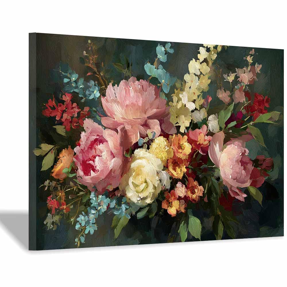 Xeniou Multicolor Flowers Canvas Darkest Floral Peony Bouquet Canvas Wall Art, For Bedroom Office Home Decorations(Multicolor)-20X30cm Framed