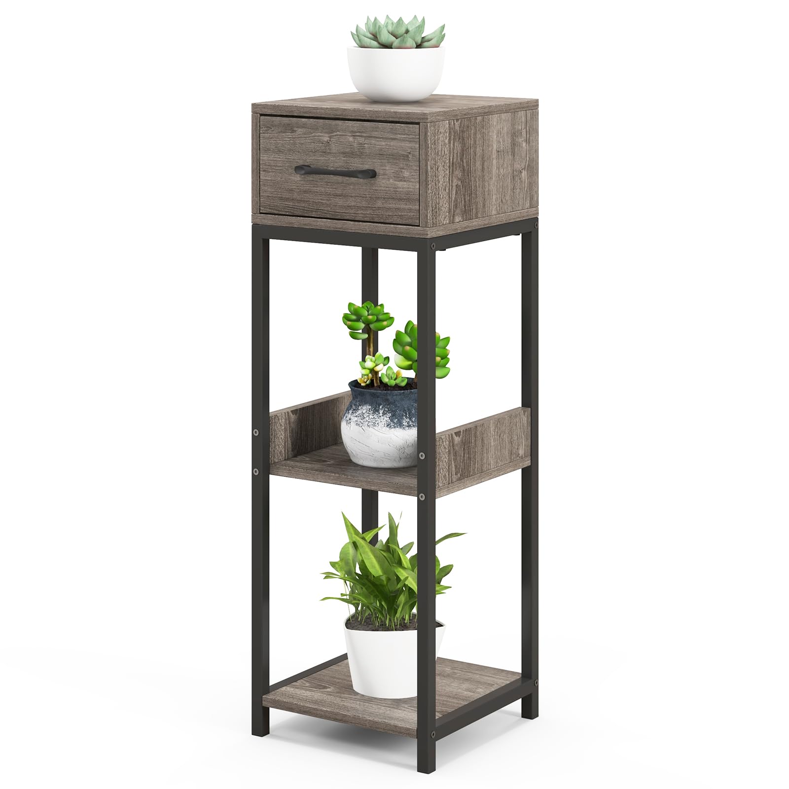 TANGZON 3 Tier Plant Stand, Indoor Outdoor Metal Frame Tall Plant Shelf Holder with Anti-tipping Device, Tiered Multiple Plant Flower Display Rack for Living Room Office Garden (with Top Drawer)