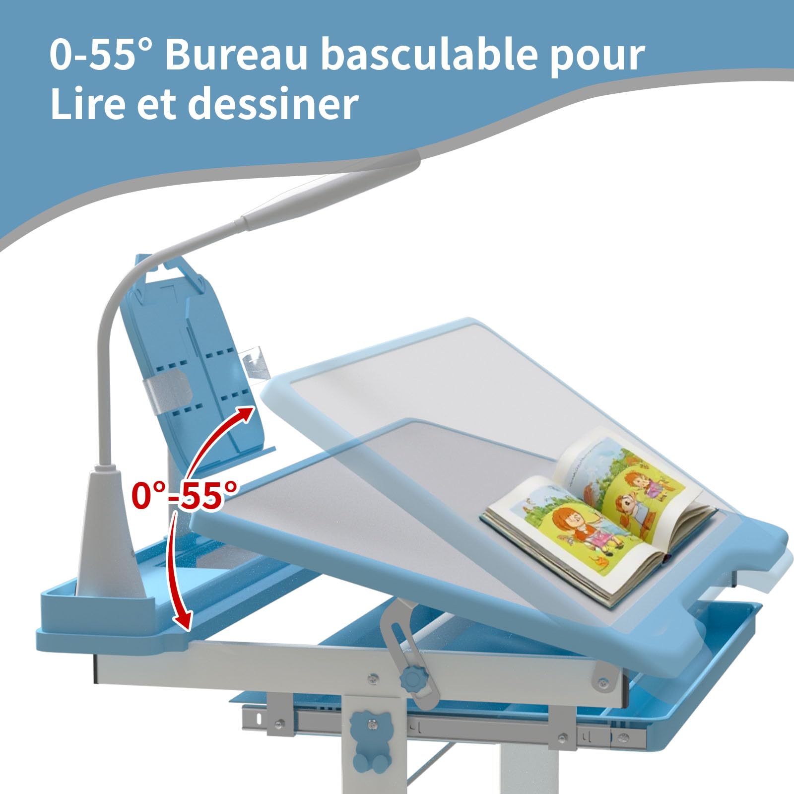 YLGJ&TIDY Ensemble de Table et de Chaises pour Enfants avec Lampe LED de Protection des Yeux, Bureau Enfant, Hauteur Réglable, Plateau Inclinable, Tiroir Multifonctions, Porte-Gobelet, Bleue