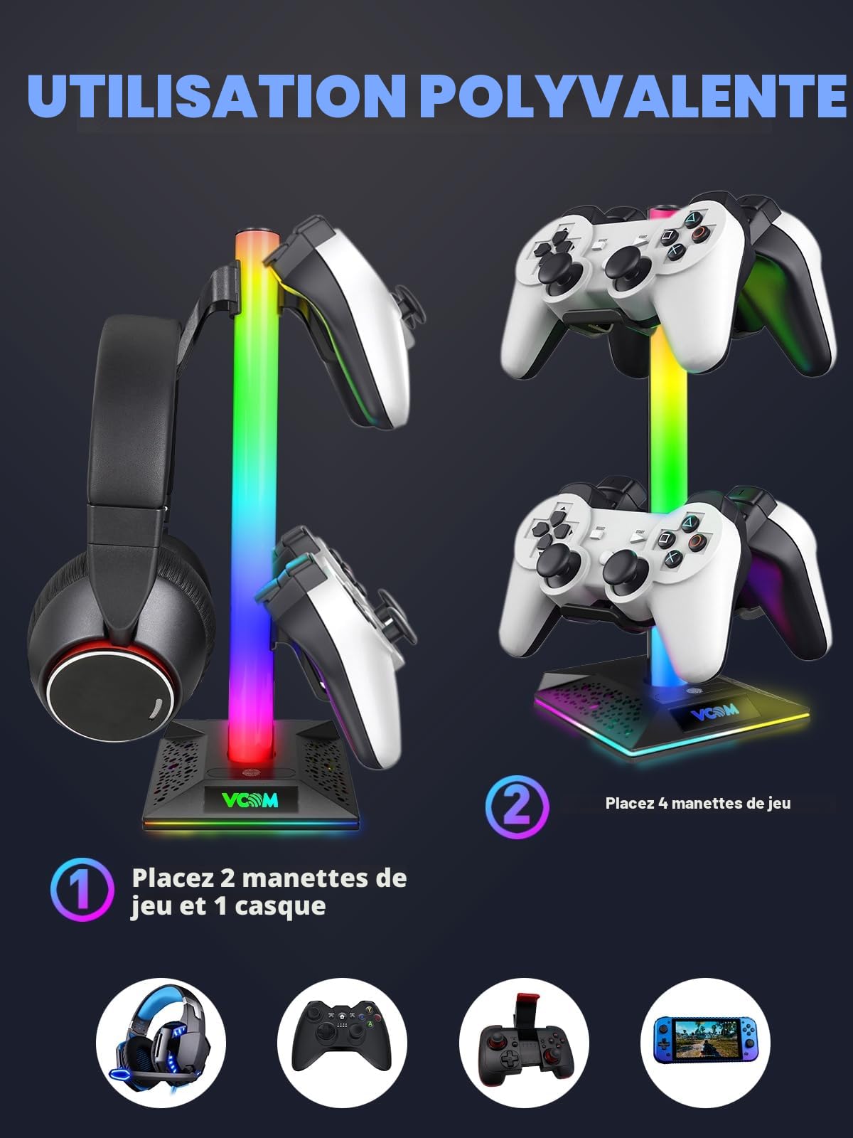 VCOM Support Casque Gamer, RGB Porte Casque avec 10 Modes d'éclairage, Support Manette avec 3 Ports USB pour Gamer, Xbox, PS5 Accessoires de Casque