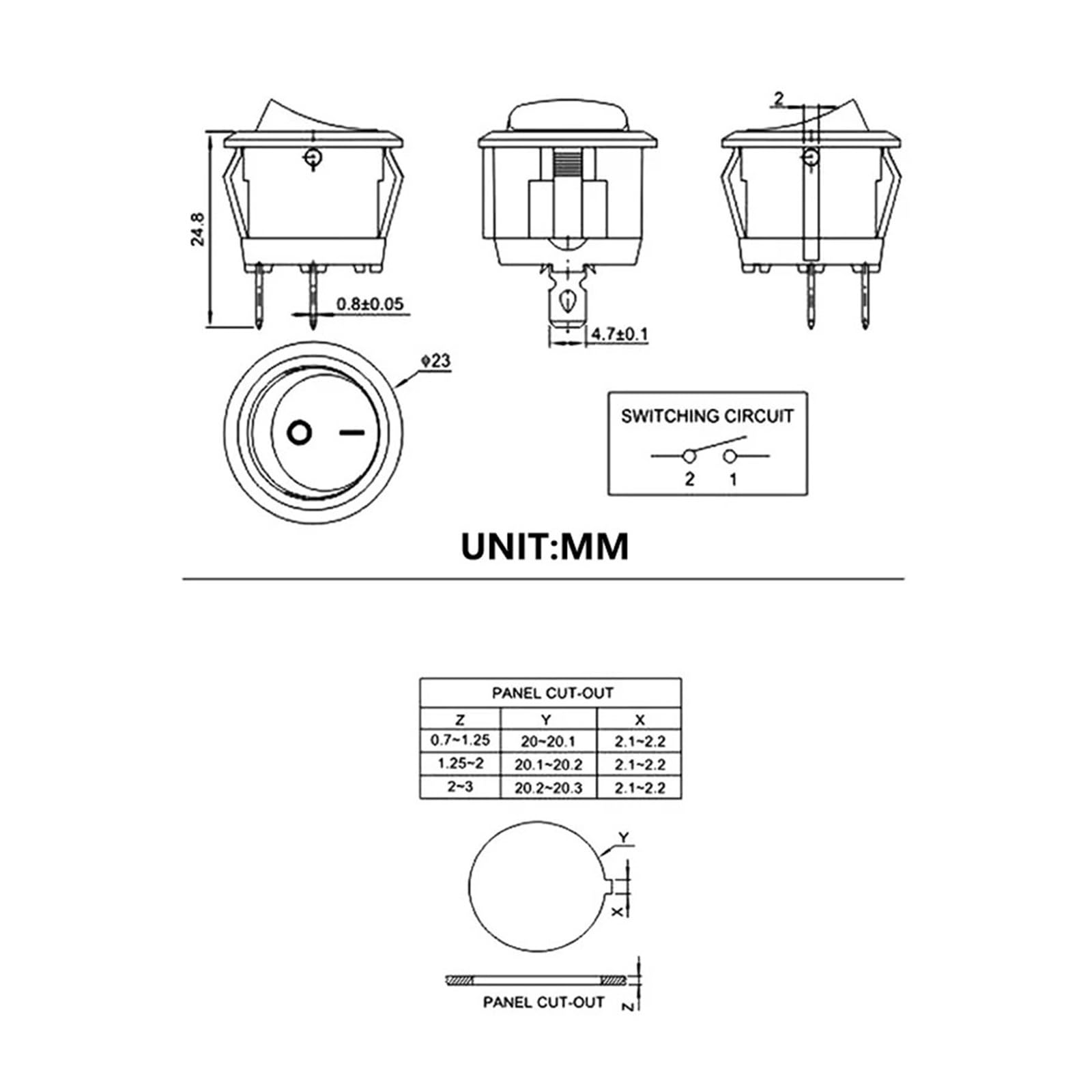 5/20 pièces interrupteur à bascule rond 6A 250V 2 broches