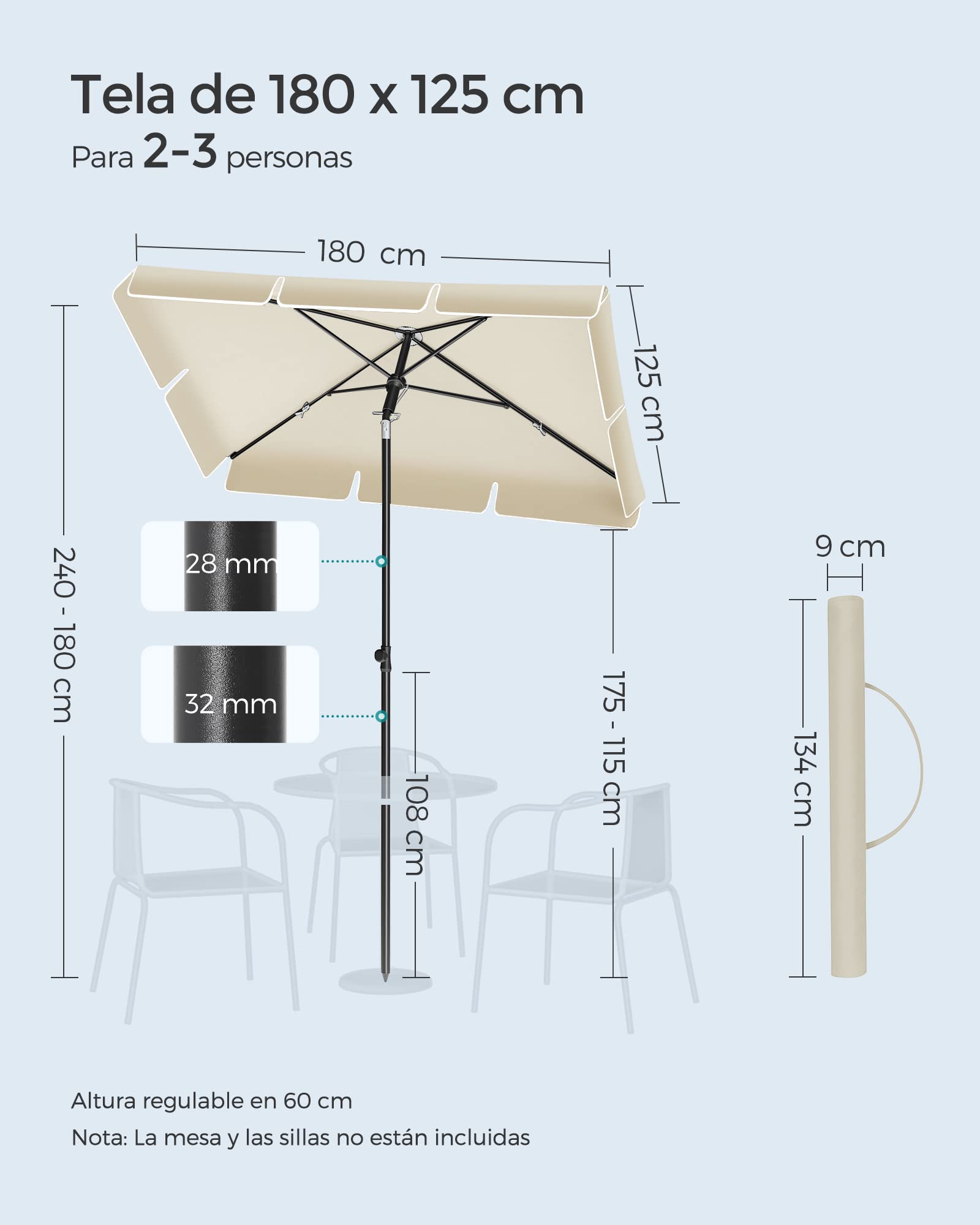 SONGMICS Sombrilla de Terraza 180 x 125 cm, UPF 50+, Inclinación Bidireccional de 30°, Altura Ajustable, con Bolsa de Transporte, para Balcón Jardín, sin Base, Beige GPU180M01