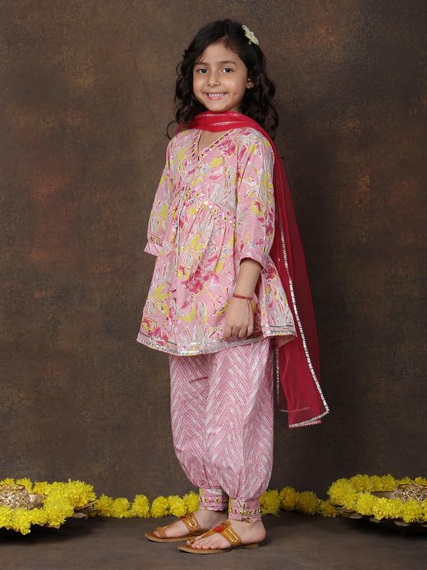 Image of superminis Girls Cotton Floral Printed Kurti Palazzo Style Salwar Set With Net Dupatta Kids Ethnic Wear Set