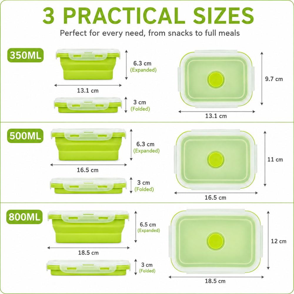 3 Pezzi Contenitori Pieghevoli per Alimenti 300/500/800 ML,Contenitori Alimenti Silicone con Coperchio, Contenitore Pranzo Ufficio,Schiscetta Porta Pranzo Ermetico per Picnic, Campeggio, Scuola