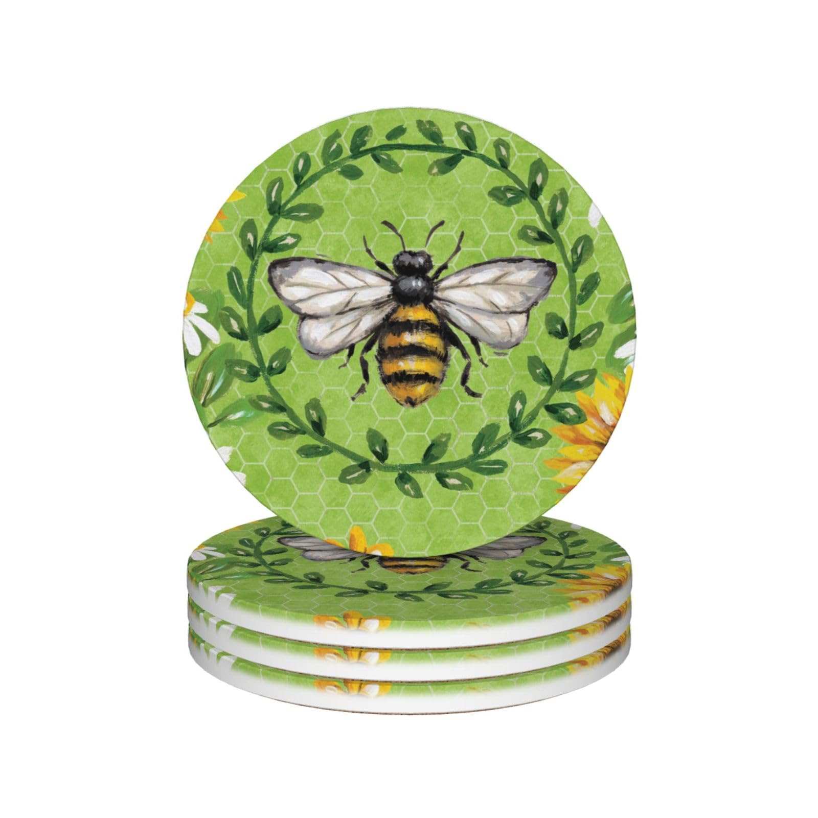 Set di 4 sottobicchieri decorativi in ceramica con stampa di api e girasoli