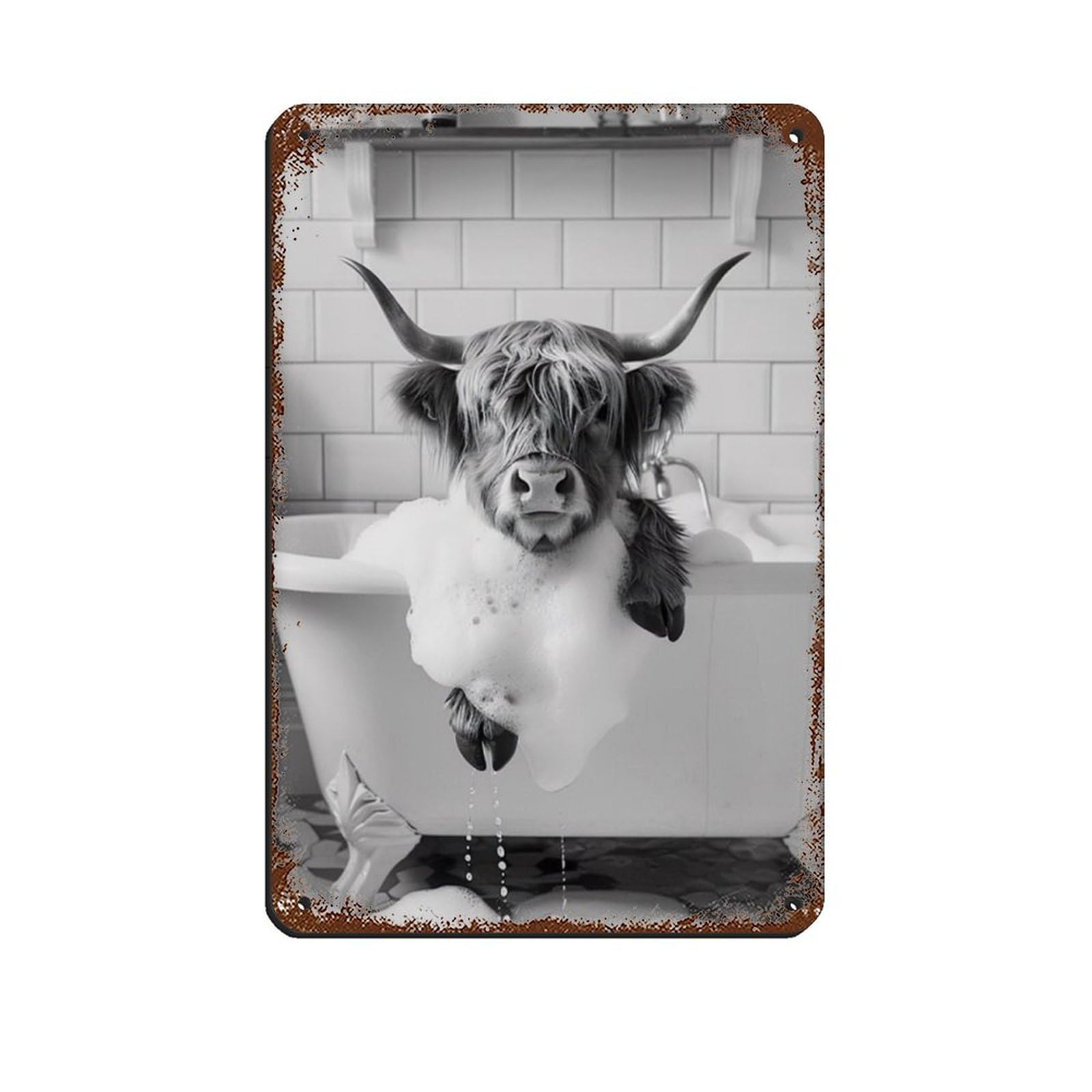 Highland Cow in The Bathtub, Funny Animal Poster (3) Retro Poster Metal Tin Sign Chic Art Retro Iron Painting Bar People Cave Cafe Family Garage Poster Wall Decoration 8x12inch(20x30cm)