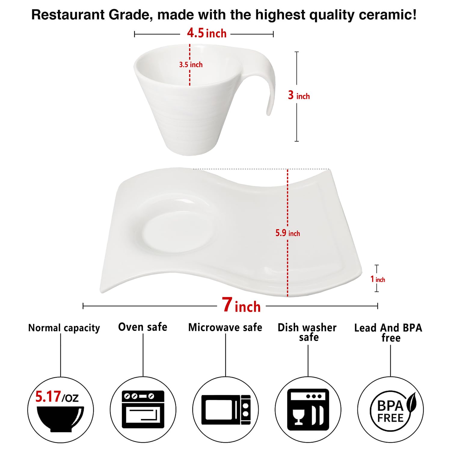 Creativity Home Porcelain Coffee cup and saucer Mugs,5.17 Ounce, Savor Espresso Mugs Cups for Latte, Hot Tea, Cappuccino, Mocha, Cocoa, Mugs Set