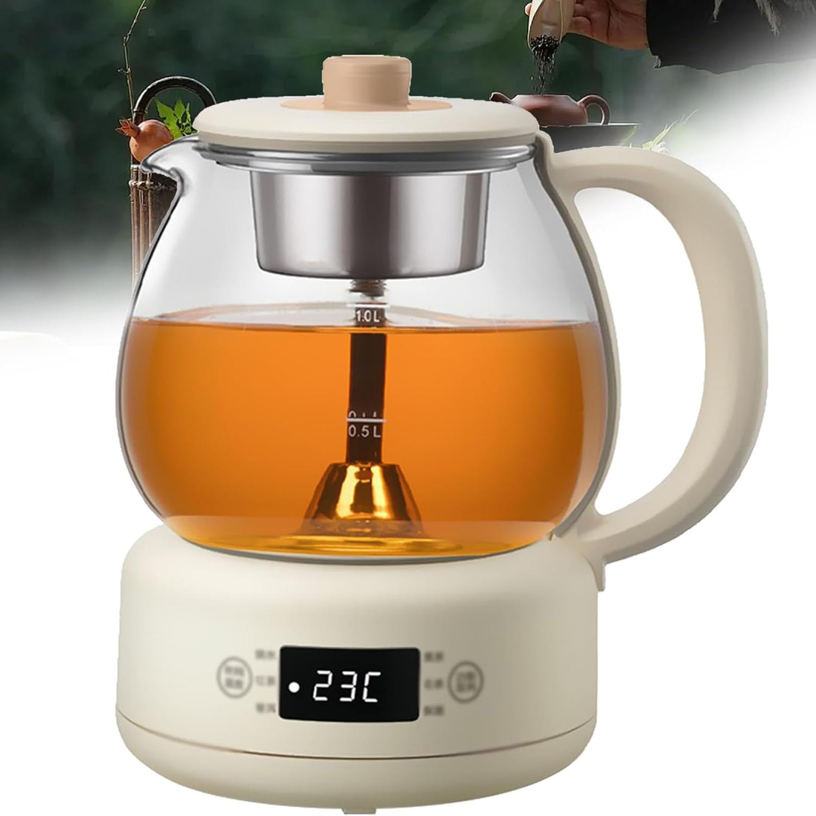 Machine à thé 600 W, machines à thé 1 L, panneau de micro-ordinateur, corps en verre à haute teneur en borosilicate, isolation thermique réglable sur 11 niveaux avec maintien au chaud pendant 8 heures
