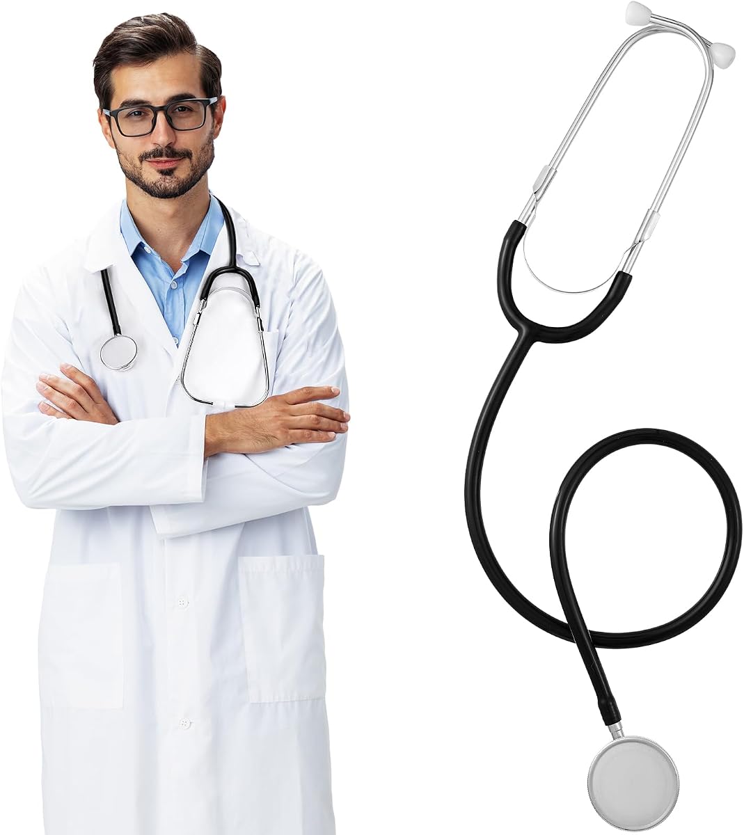 Hotop - Conjunto de disfraz de bata de laboratorio para mujer y hombre, disfraz de Halloween, abrigo científico blanco con estetoscopio de doble cabeza, adultos unisex
