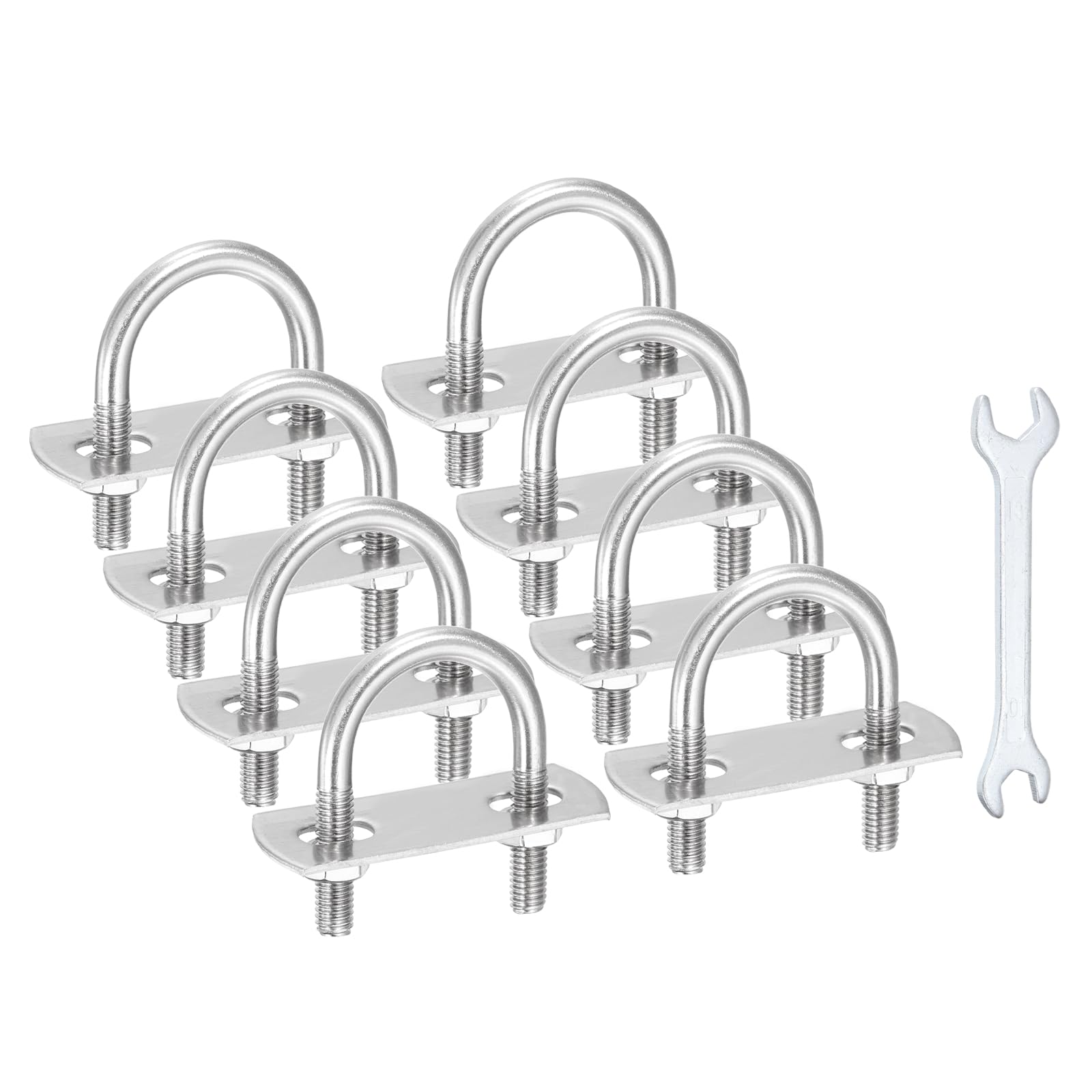 sourcing map 8Pcs M6 U-Bolts, 1.18"(30mm) Inner Width 1.89"(48mm) Length 304 Stainless Steel Round Bend U Bolts with Nuts Frame Plate Washers and Wrench for Trailers Boats Axle Sailboat
