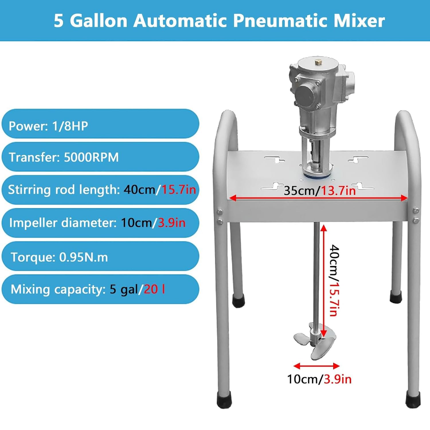 Miscelatore pneumatico per vernici per liquidi a bassa viscosità, macchina agitatore da 5 galloni, velocità 5000 giri/min, 1/8 HP, lega di alluminio con piattaforma di sollevamento