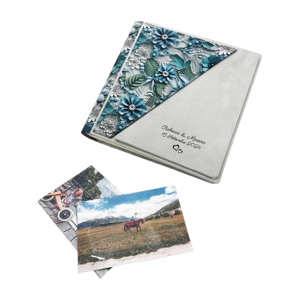 Album Fotografico Artigianale in Tessuto stampato 3D e Alcantara,Con o senza Incisione, classico con velina,Matrimonio,Compleanno,Wedding,Anniversario,Comunione,eventi (Inciso, Burro/Azzurro)