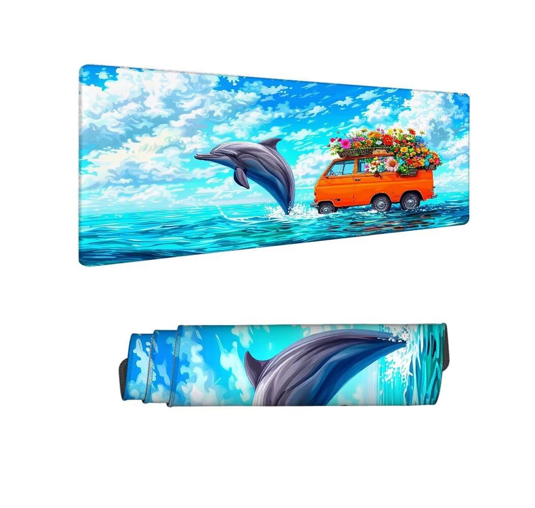 Blu Tappetino Mouse XXL 1000x500x3mm, Gaming Tappetino Mouse Delfino Mousepad con Base in Impermeabile Gomma Antiscivolo per Tastiera Computer Ufficio Idea Regalo Festa del Papà e Compleanno X-786