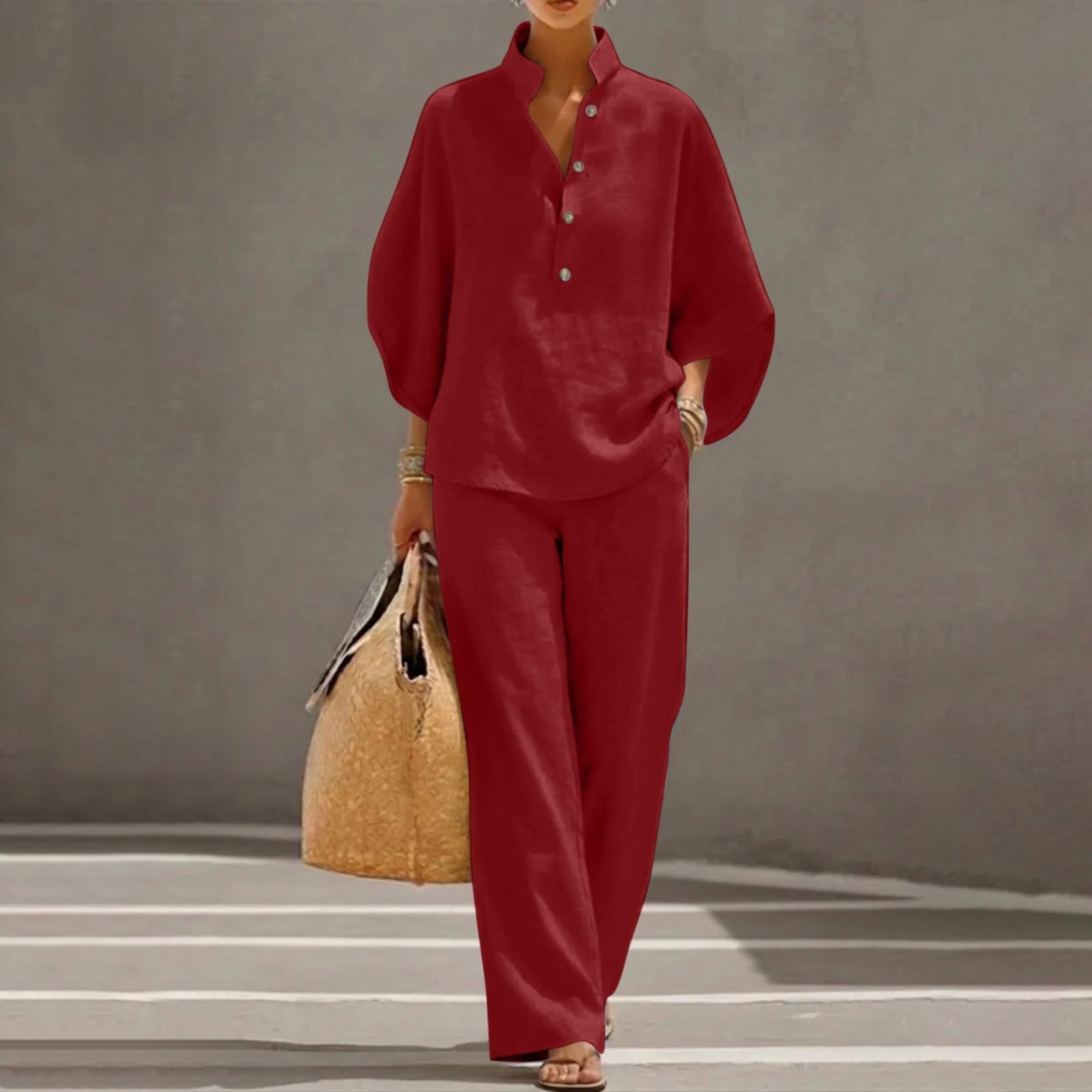 Summer Co Ord Ensembles 2 pièces en coton et lin avec col en V et manches 3/4 Pantalon large avec poche