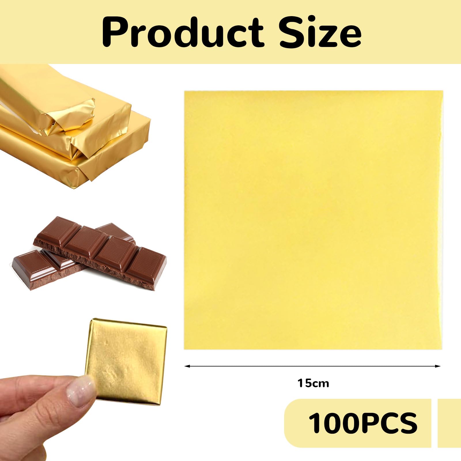 Lot de 100 feuilles d'aluminium dorées pour emballage au chocolat, 15 x 15 cm, de qualité alimentaire, adaptées pour le papier cadeau et les projets de bricolage pour festivals et