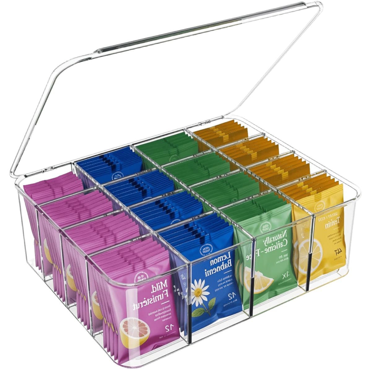 Rasydyn Tea Bags Organizer: Large Tea Bag Holder Organizer with Lid, Acrylic Drink Packets Storage for Cabinet, Counter, Countertop, Drink Packets Caddy for 16 Different Types