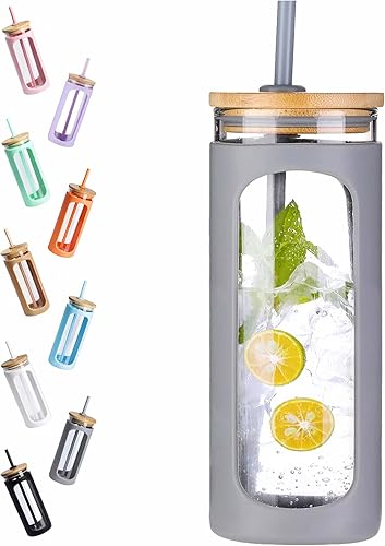 Kodrine - Botella con popote para beber, capacidad de 20 onzas fluidas, con tapa de bambú, para café helado, reutilizable, boca ancha, para batidos,