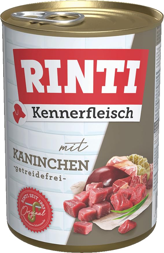 RINTI - Kennerfleisch | Nassfutter mit 70% Fleisch für ausgewachsene Hunde. Getreidefreies Alleinfutter in der Dose ohne Soja, Farb- und Konservierungsstoffe | 12x400g Kaninchen