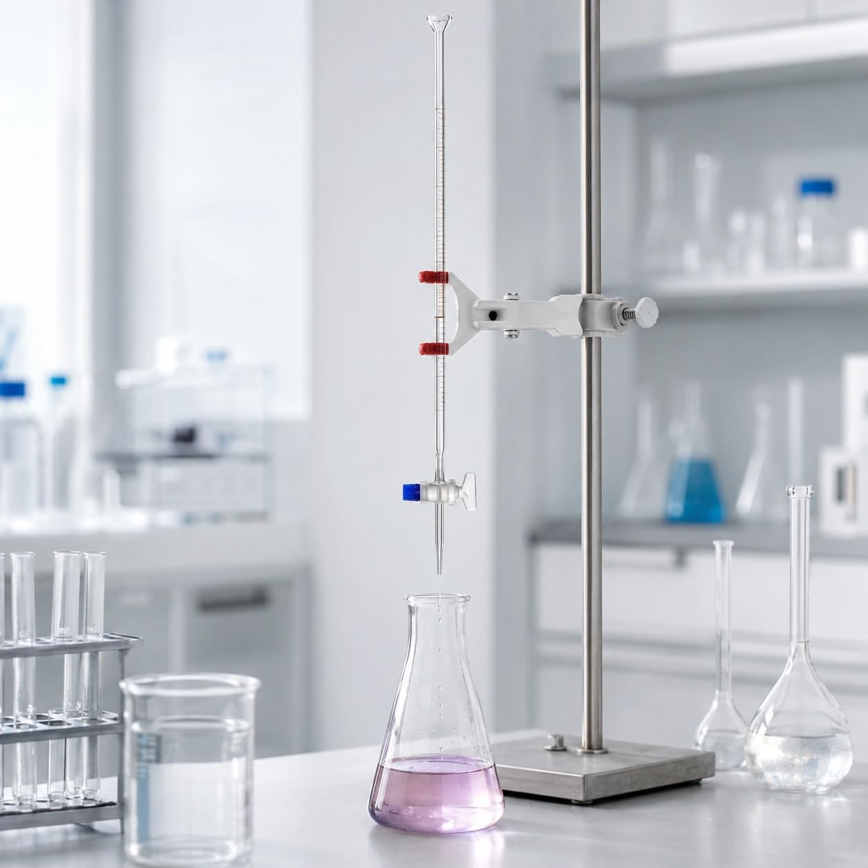 Borokrzemowa Szklana Biureta Kwasowa Kielichowy Lejek-50mL/0.1ml | Całkowicie Szklana Konstrukcja Odporna na Silne Utleniacze i Kwasowe Roztwory Chemiczne