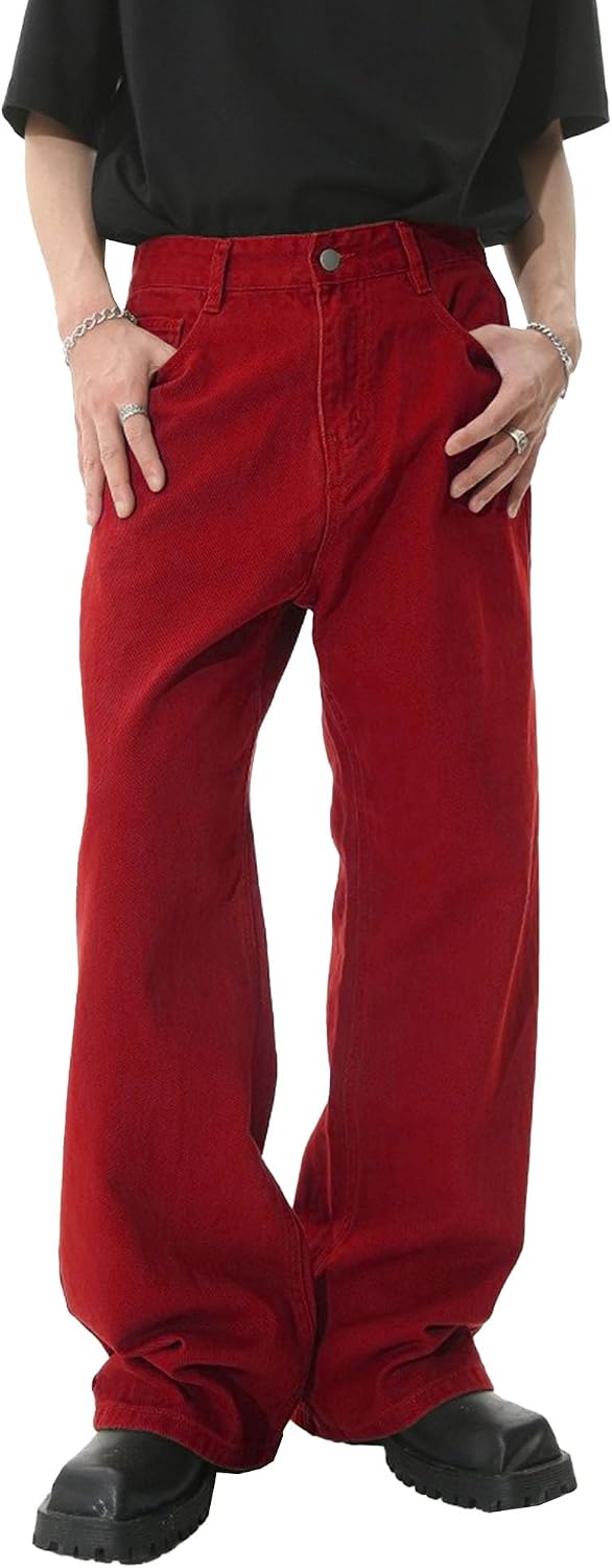 Men Casual Loose Elastic Straight Jean Y2K High Waist Wide-Leg Denim Pants 90s Simple Jeans Trousers with Pocket