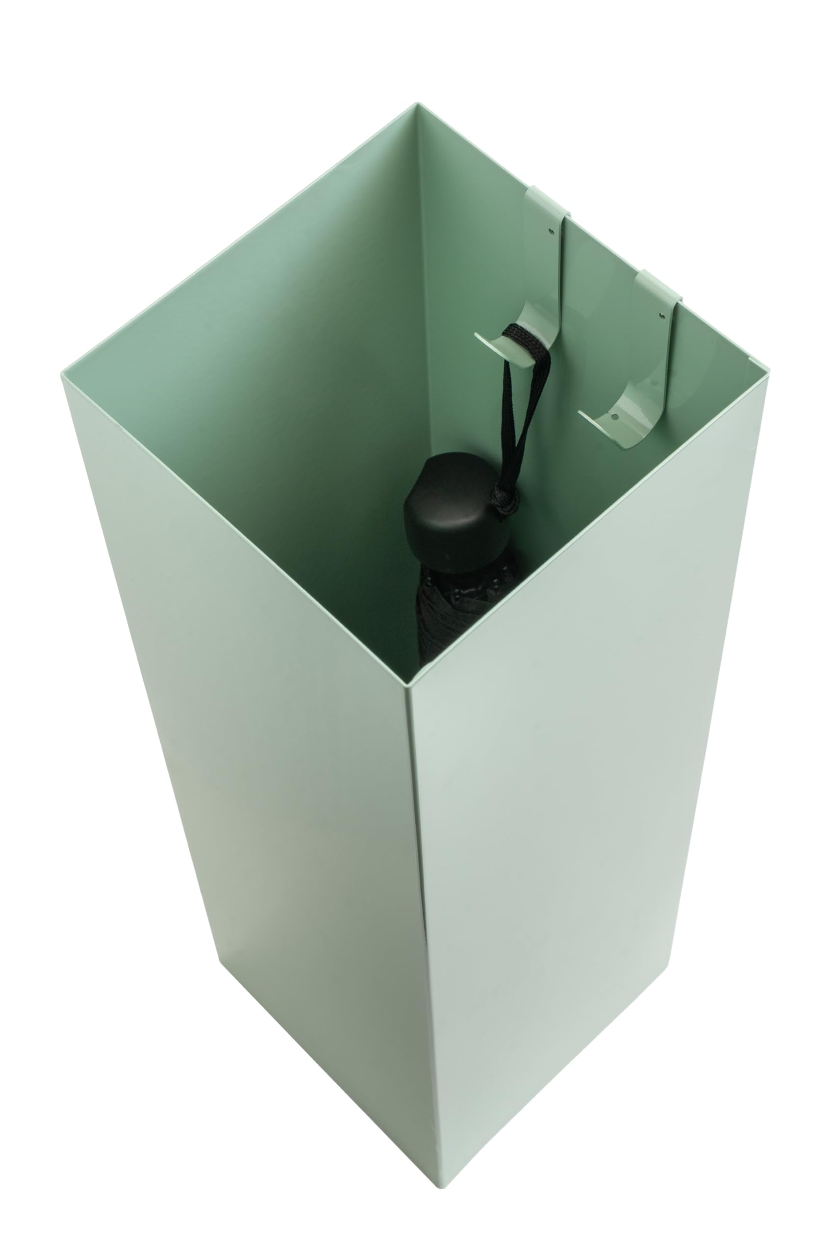Portaombrelli verde con design moderno in metallo per casa e ufficio, supporto di design, 2 ganci, 2 vaschette di raccolta dell'acqua rimovibili, 15,5 x 15,5 x 49 cm, quadrato, portaombrelli