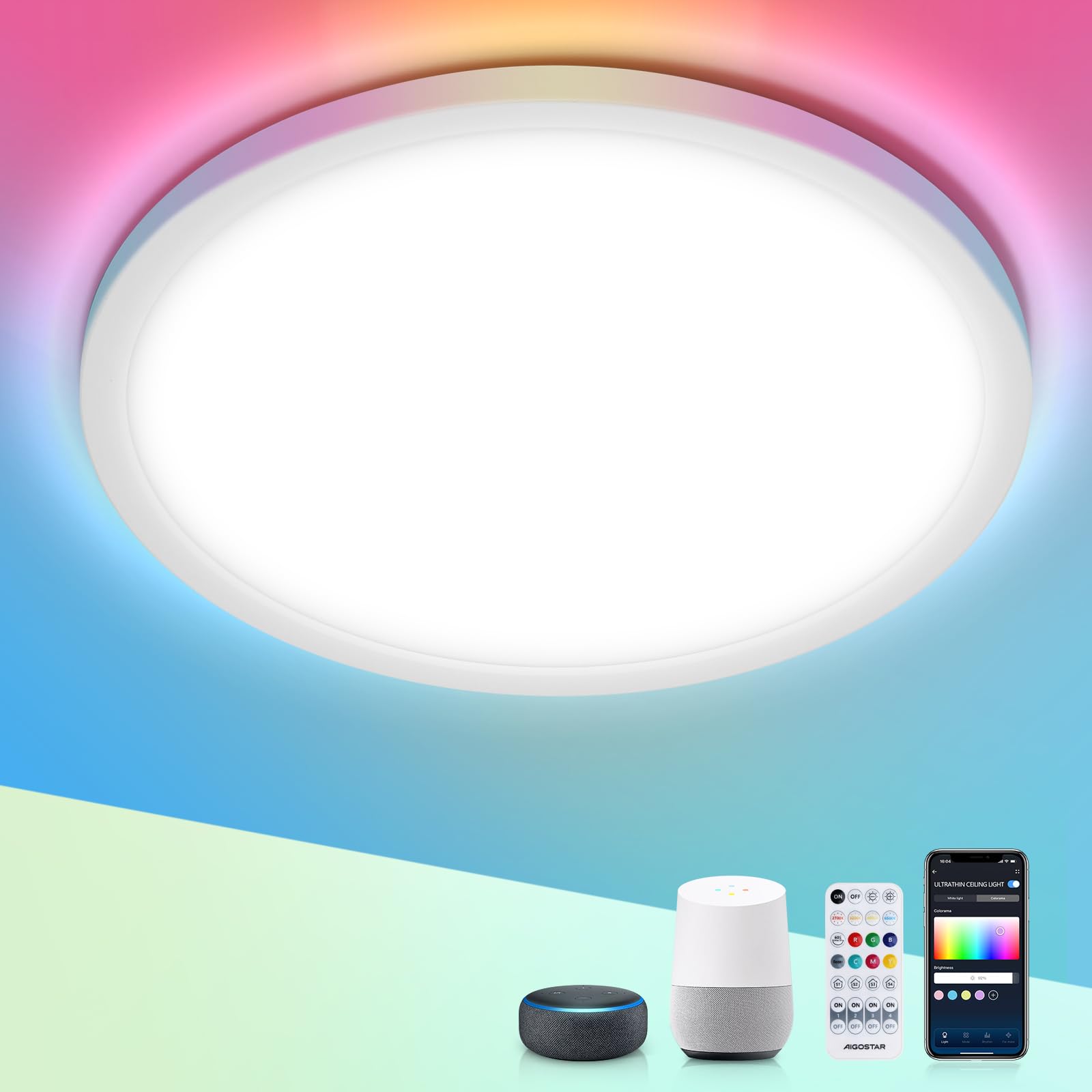 Aigostar Smart LED Ceiling Light, 24W 2280LM Bluetooth Mesh Alexa Ceiling Lights, RGB Backlight & 3000K-6500K Dimmable Flush Mount Light Fittings for Living Room Bedroom, Ultra-Thin,φ29cm