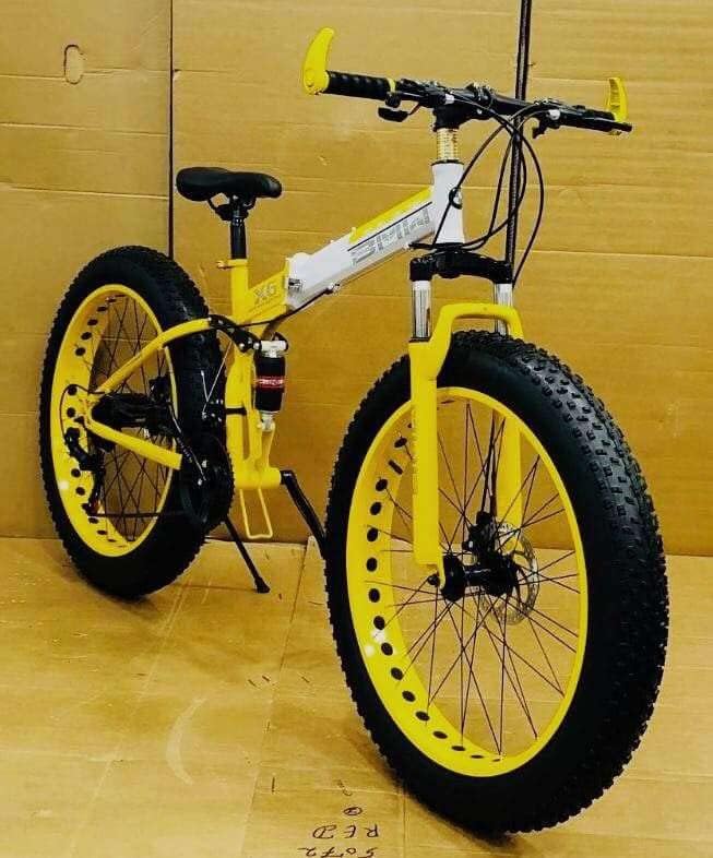 Sunspeed Unisex Folding Mountain Bike | 21-Speed Gear with Double Disc Brakes, Fat Magnesium Tires, Carbon Steel Frame | 26-Inch Yellow