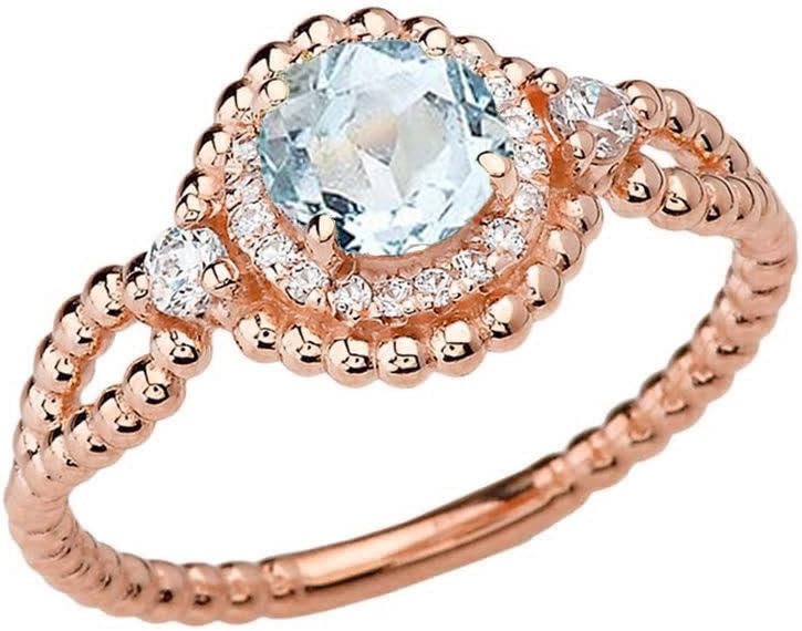 Elegant 10k Rose Gold Diamond Double Infinity Rope Aquamarine Engagement Ring