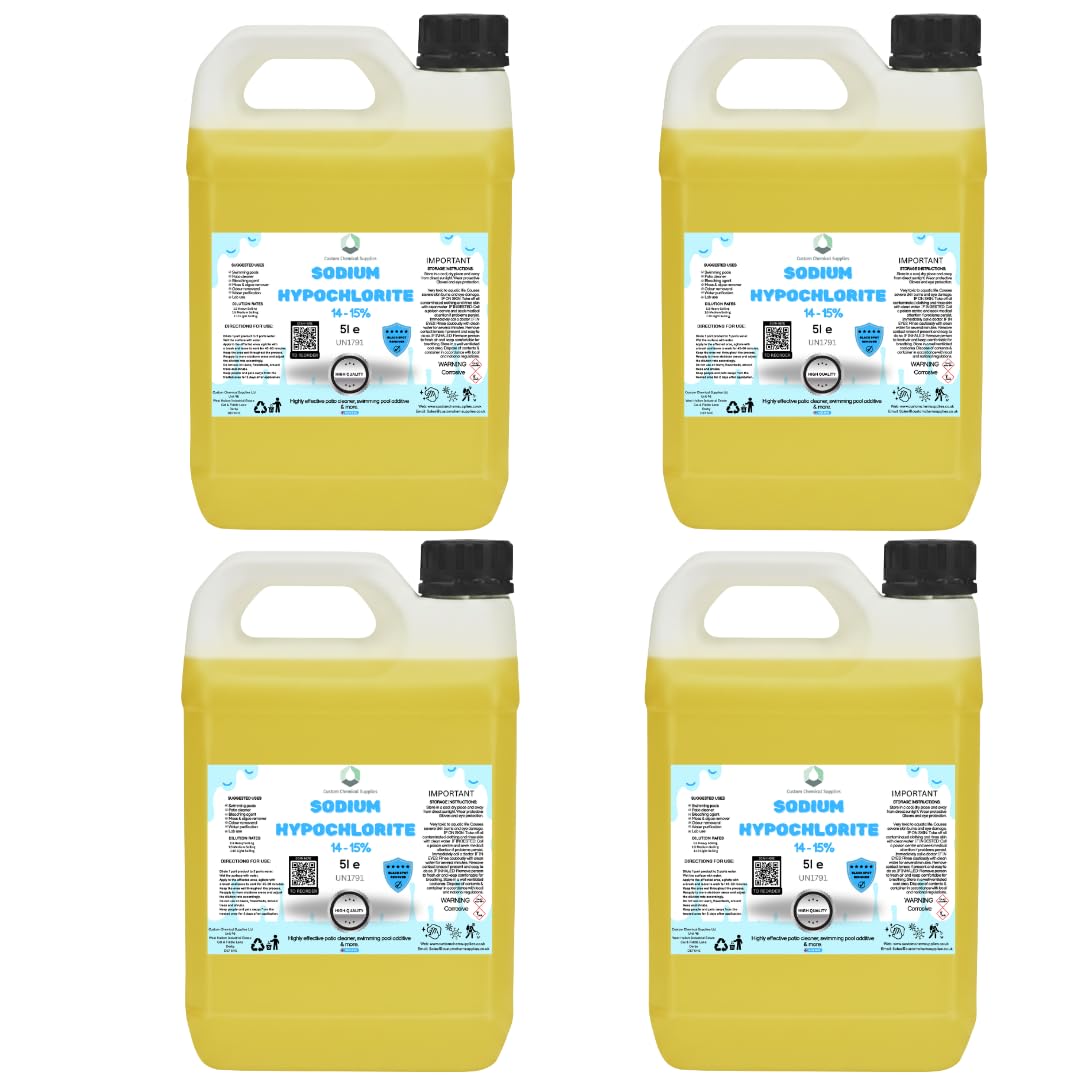 Sodium Hypochlorite 14-15% 4x5L, Patio Cleaner | High Strength, Swimming Pool Chlorine, Pale yellow (SH1415-20)