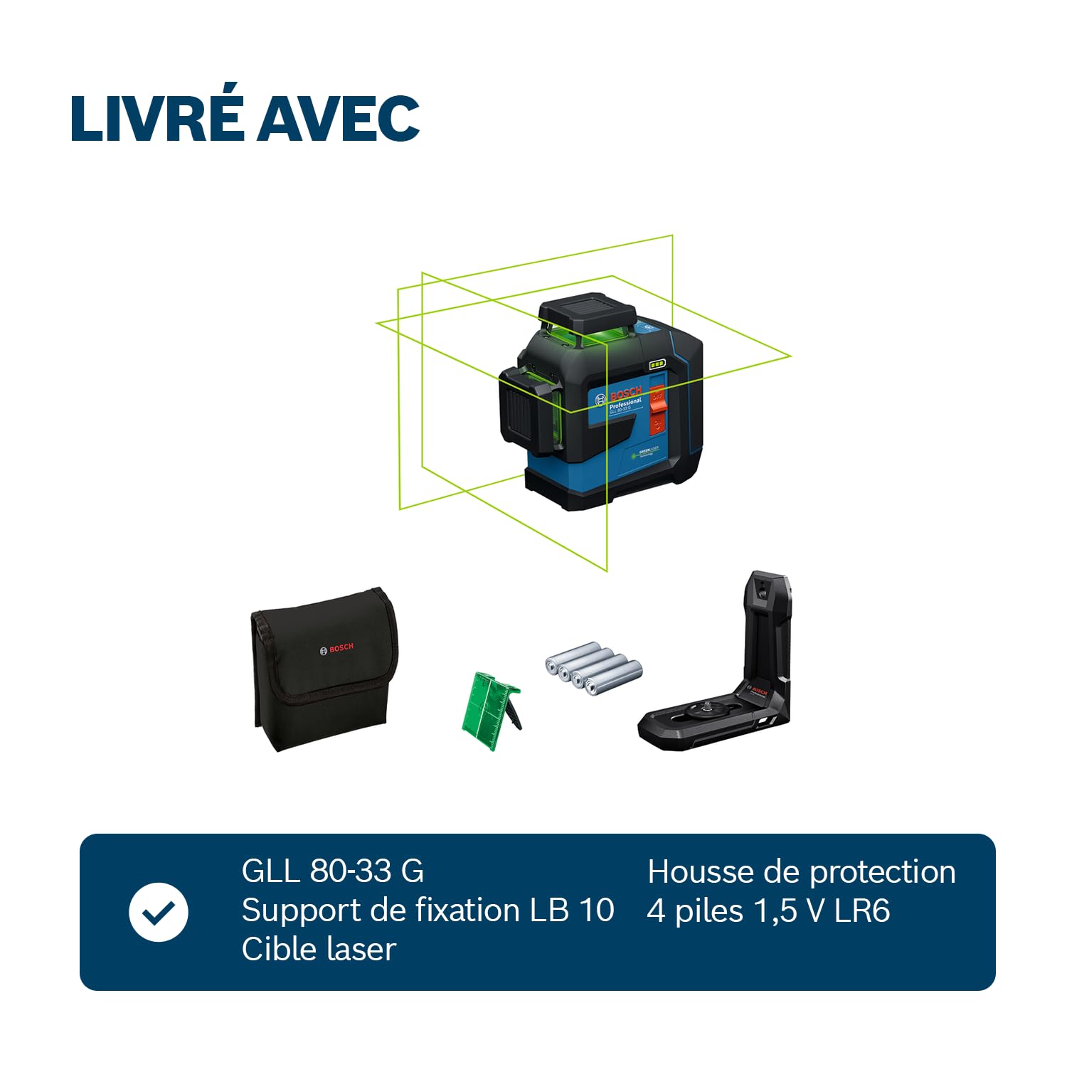 Bosch Professional laser lignes GLL 80-33 G (support de fixation LB 10, laser vert, portée jusqu’à 30 m, alimentation dual power, 4 piles 1,5 V LR6, housse de protection)
