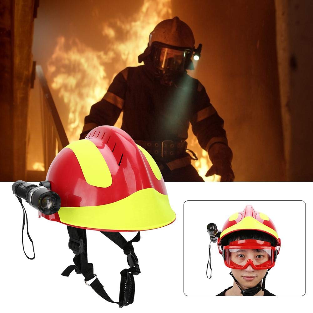 Casque de sécurité, Casques de sécurité de Sauvetage Professionnels, Casque de Protection Anti-Incendie pour Pompier avec Lampe Frontale et Lunettes de Protection (Rouge)