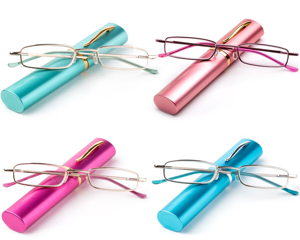 4 Pack Compact Reading Glasses in Aluminum Case Spring Hinged Metal Reading Glasses in Tube Portable Light Weight Reading Glasses 2.25