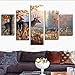DXYJUYI Brown 5 Panel Wall Art Painting Deer In Autumn Forest Pictures Prints On Canvas Animal The Picture Decor Oil For Home Modern Decoration Print Framed Ready to Hang